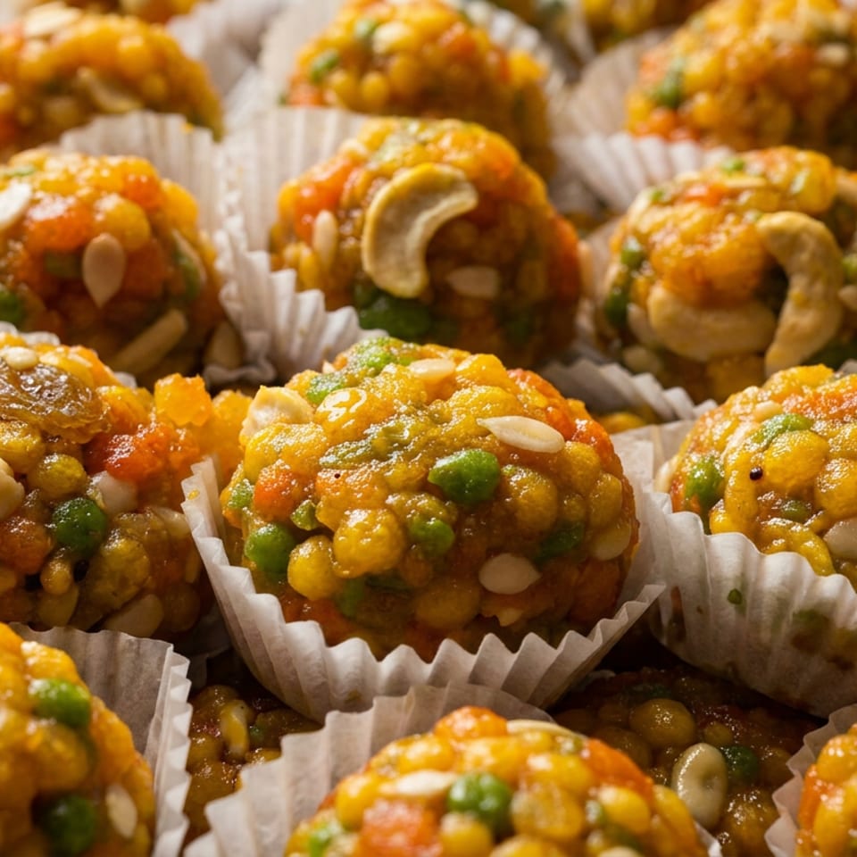Close-up of colorful sweet snack balls with peas, raisins, almonds, and cashews arranged in white paper cups.