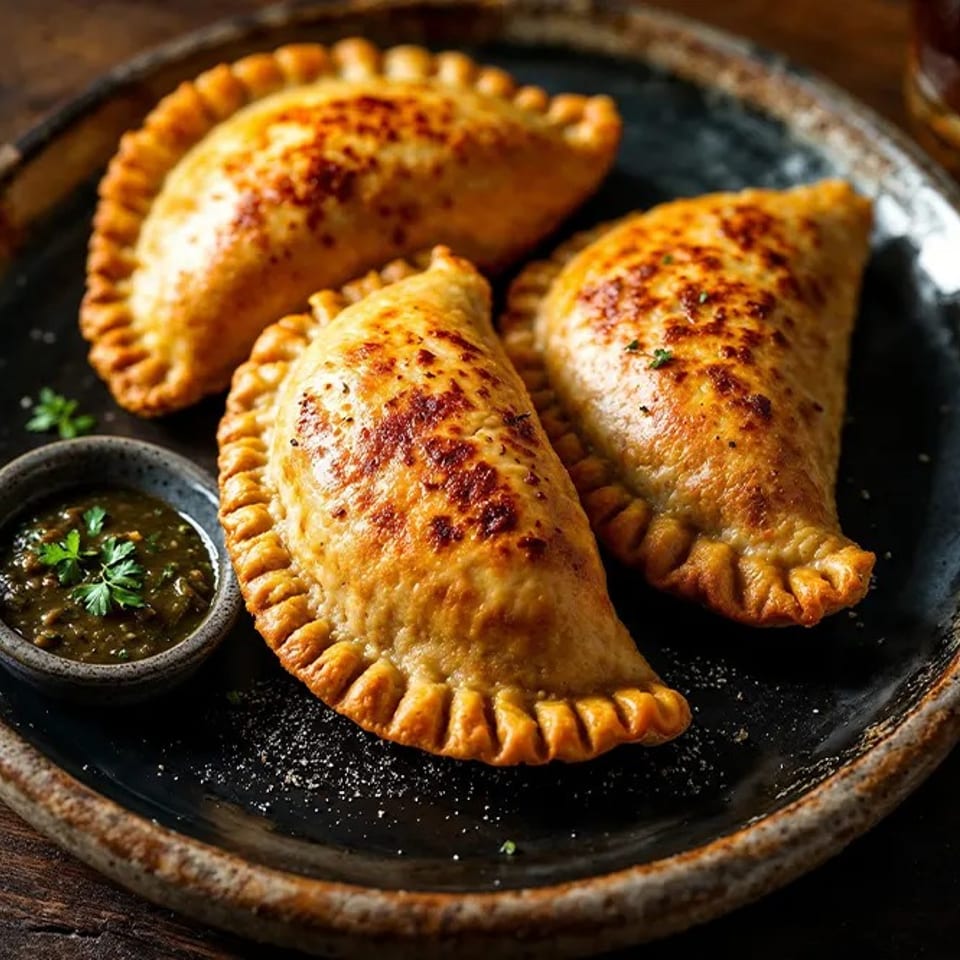 Three golden baked empanadas with crimped edges sit on a rustic plate beside a small bowl of herb-filled dipping sauce.