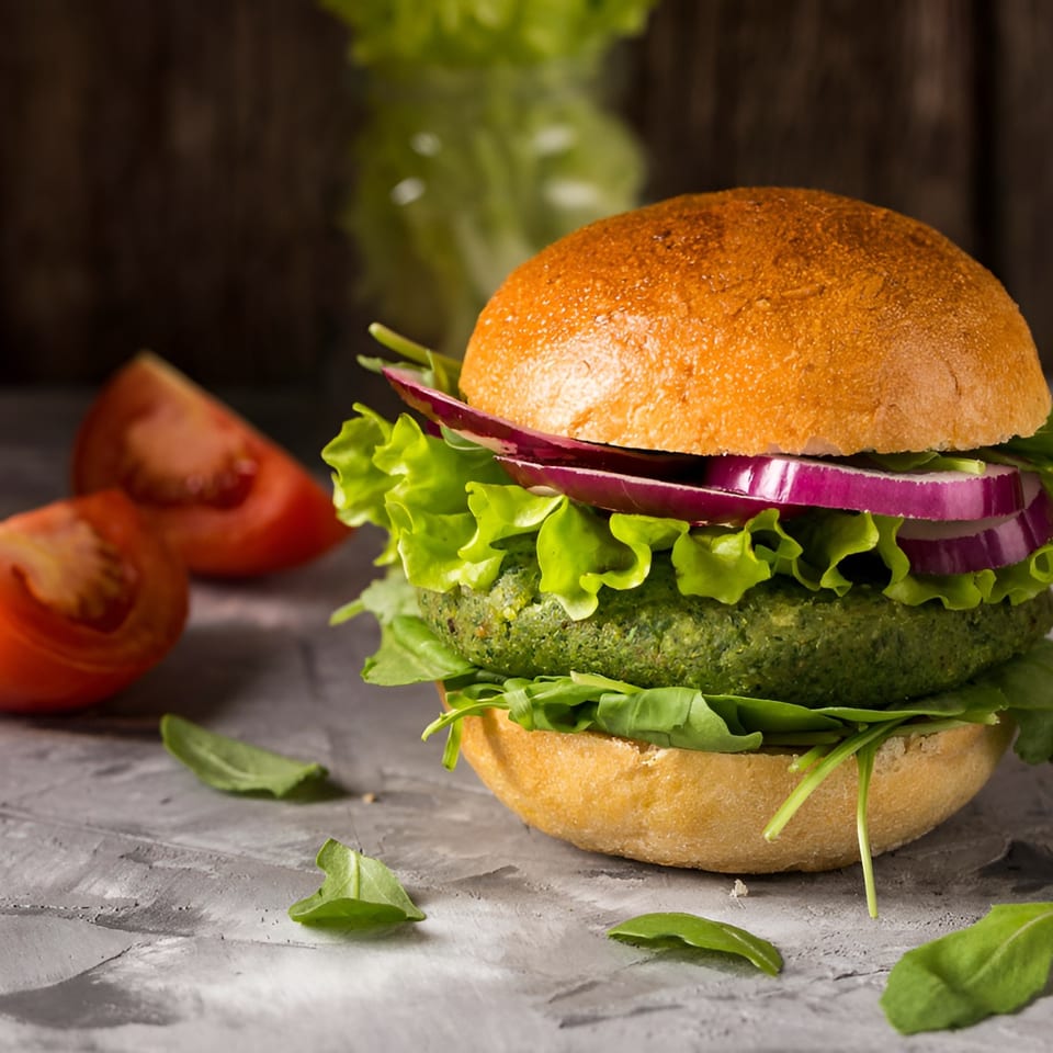 Vegetarian burger with a green patty, lettuce, red onion, and tomato served on a rustic tabletop.