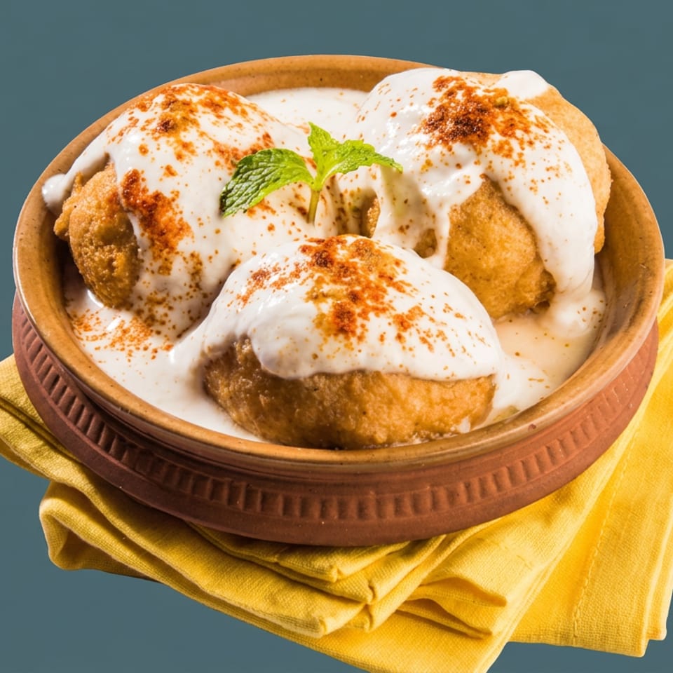 Bowl of golden fried dumplings topped with creamy white sauce, paprika, and fresh mint on a yellow napkin.