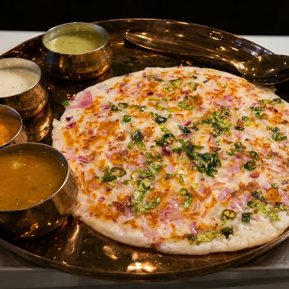 Indian stuffed flatbread topped with onions and green chilies, served with four dipping sauces on a dark platter.