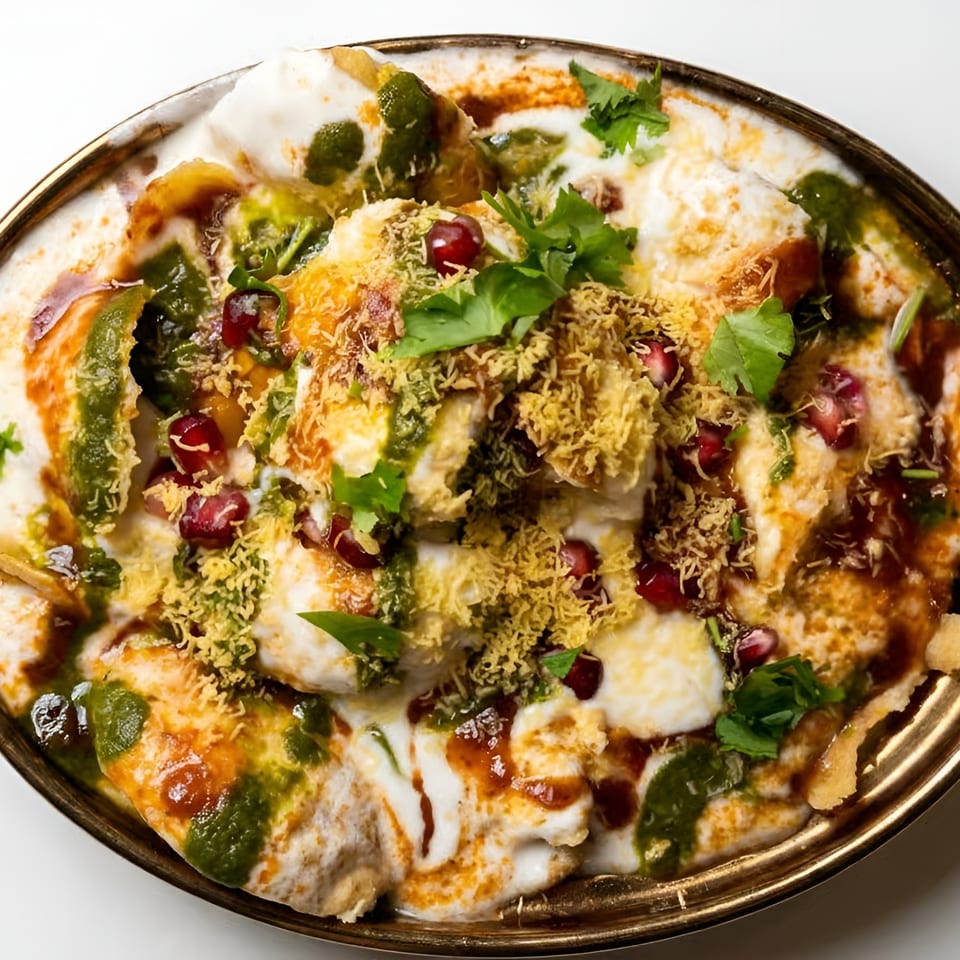 Indian chaat topped with yogurt, green and tamarind chutneys, sev, pomegranate seeds, and fresh cilantro in a metal bowl.