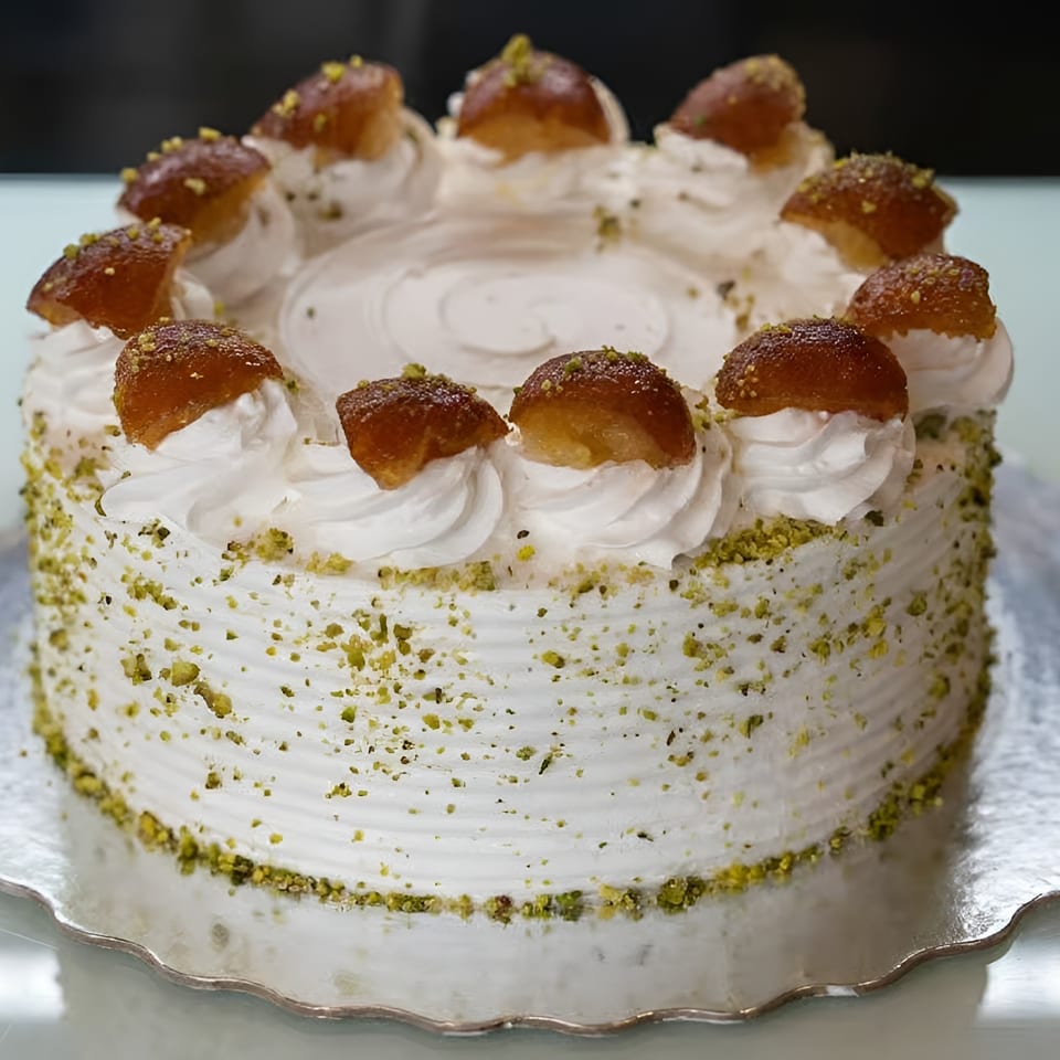 Round white cream cake covered with pistachio crumbs and topped with golden pastries on a scalloped silver cake board.