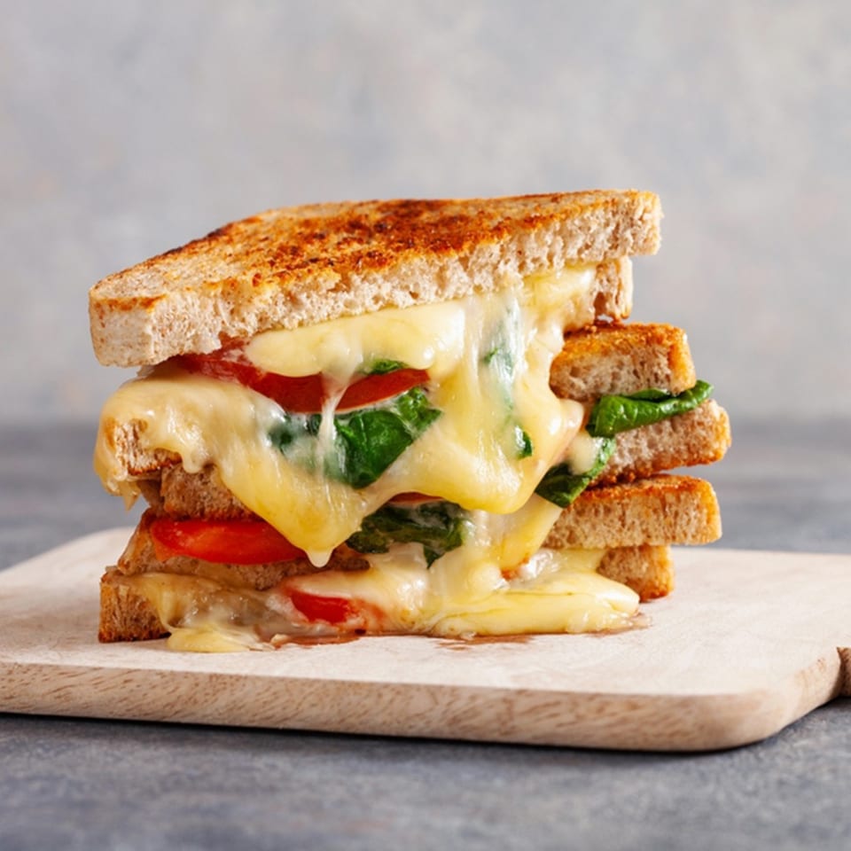Stacked grilled cheese sandwiches with melted cheese, tomato, and leafy greens on a wooden cutting board.