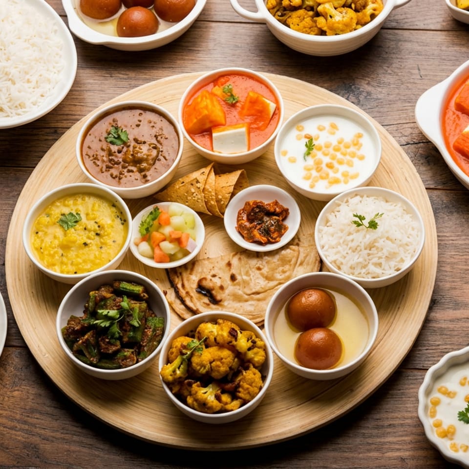 Overhead spread of Indian cuisine featuring naan, rice, curries, vegetables, lentils, chutneys, paneer, and traditional desserts on a wooden table.