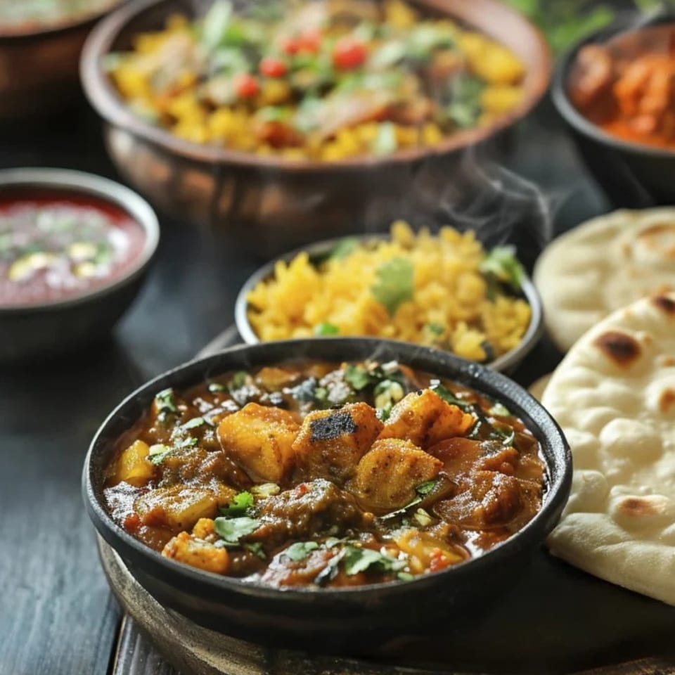 Steaming bowl of Indian curry with paneer, rice, naan, and assorted dishes arranged on a dark table.