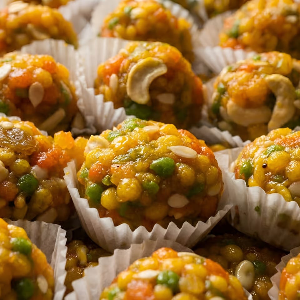 Close-up of colorful savory snack balls with peas, carrots, corn, cashews, and almonds arranged in paper cups.