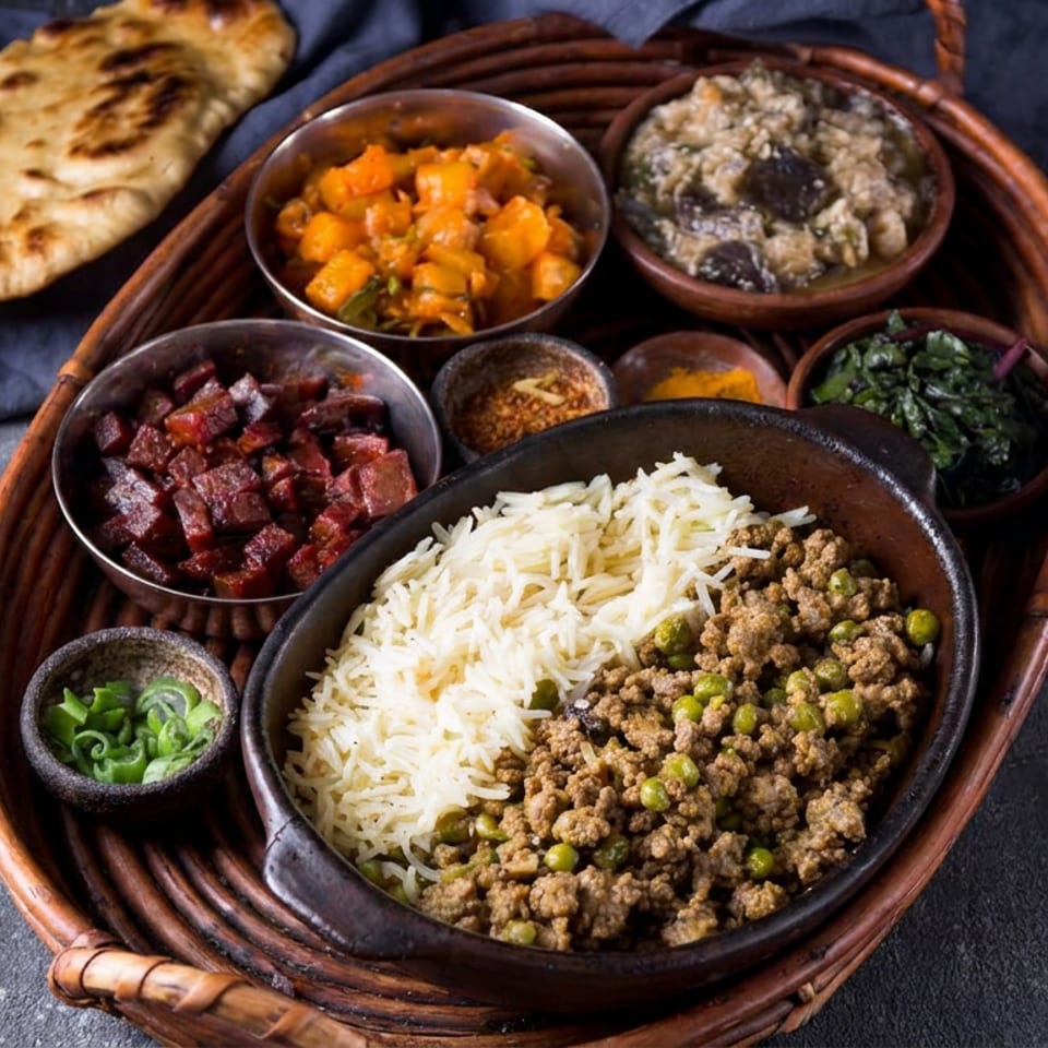Indian meal platter with basmati rice, spiced minced meat and peas, naan, vegetables, chutneys, and small side dishes.