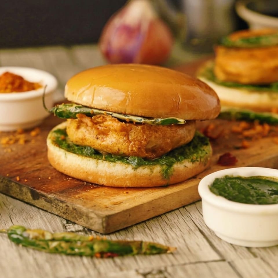 Crispy chicken burgers with green chutney and herbs sit on a wooden serving board, surrounded by small bowls of colorful sauces.
